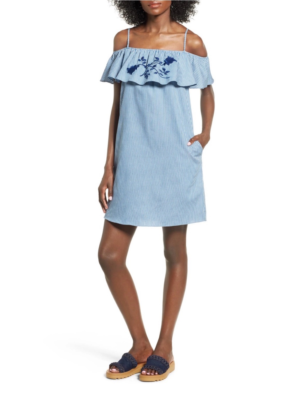 Pinkblush Blue & White Striped Off-Shoulder dress with Navy Embroidery